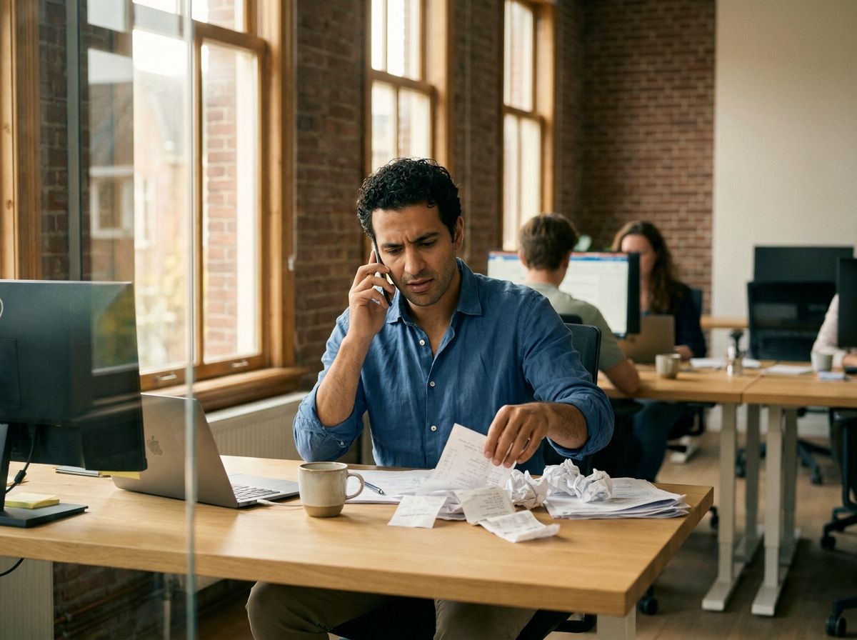 Een medewerker telefoneert aan een bureau met bonnetjes en documenten