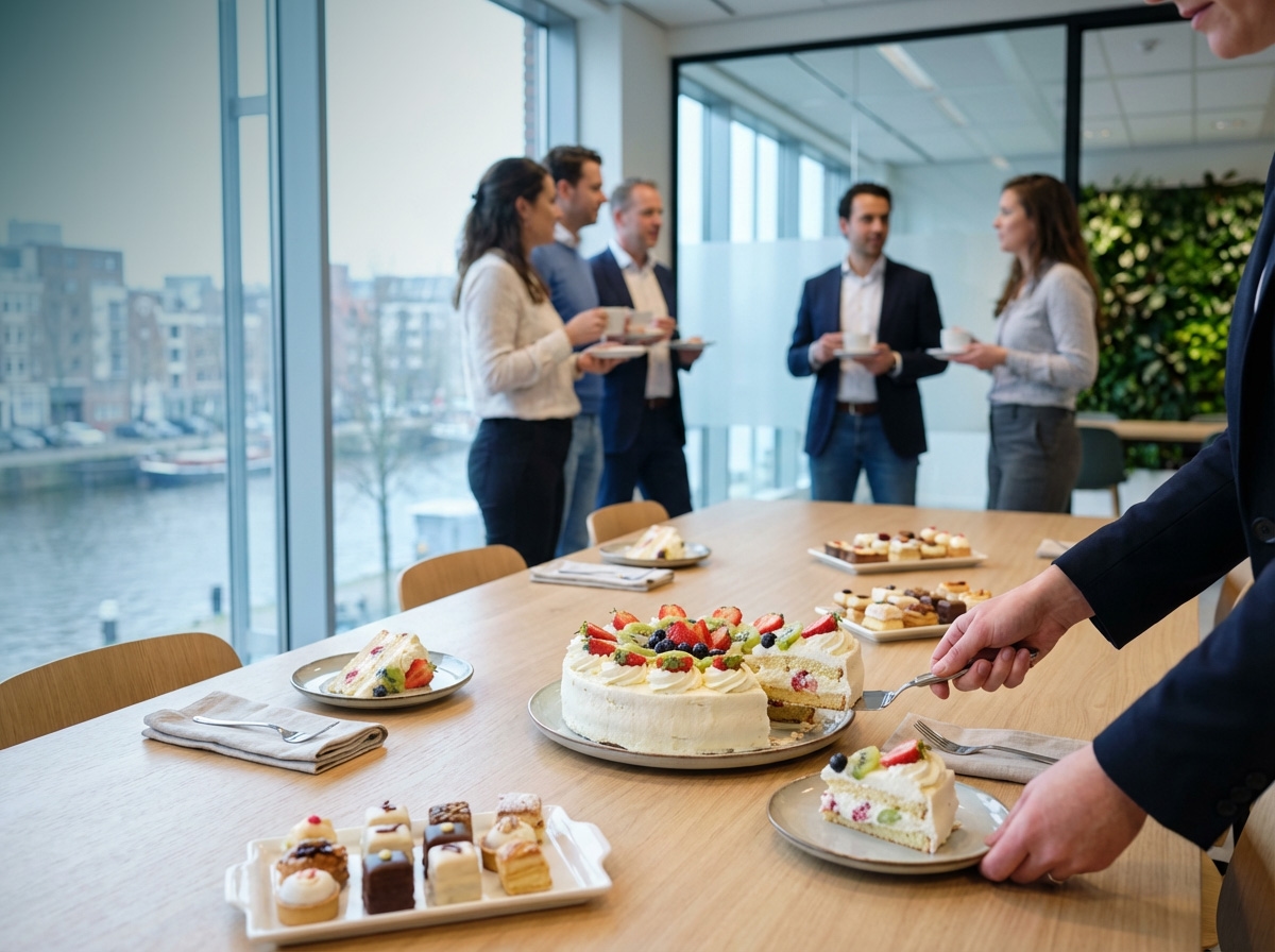 Taart en koffie tijdens een bijeenkomst op kantoor