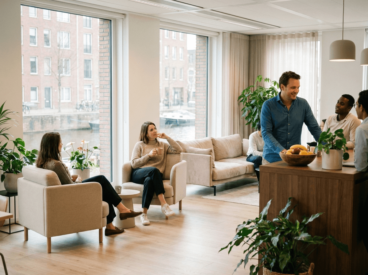 Collega's ontspannen in gezellige loungehoek met koffie en fruitschaal, uitzicht op Amsterdamse gracht op de achtergrond
