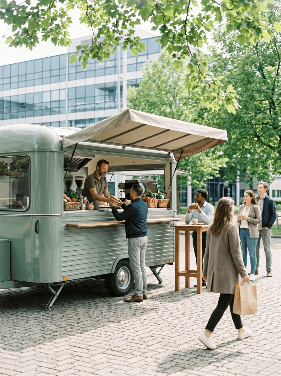 Collega's halen lunch bij groene lunchtruck met verse ingrediënten voor kantoorgebouw