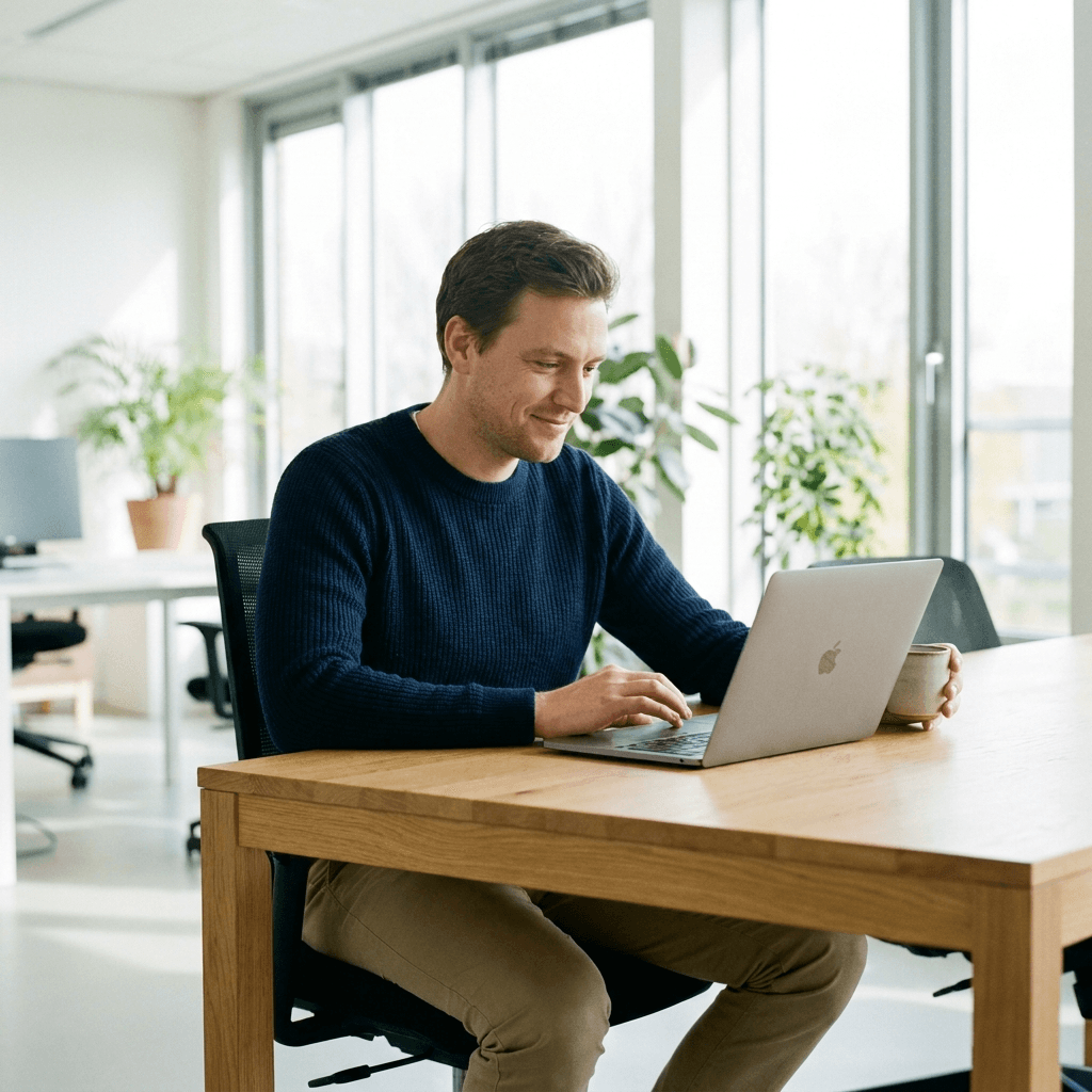Glimlachende man werkt op laptop aan houten bureau in lichte kantoorruimte met planten