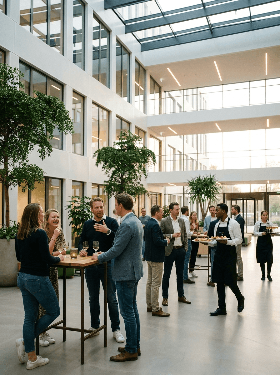 Genodigden netwerken met wijn tijdens zakelijke receptie in lichte kantoorhal, geserveerd door catering personeel