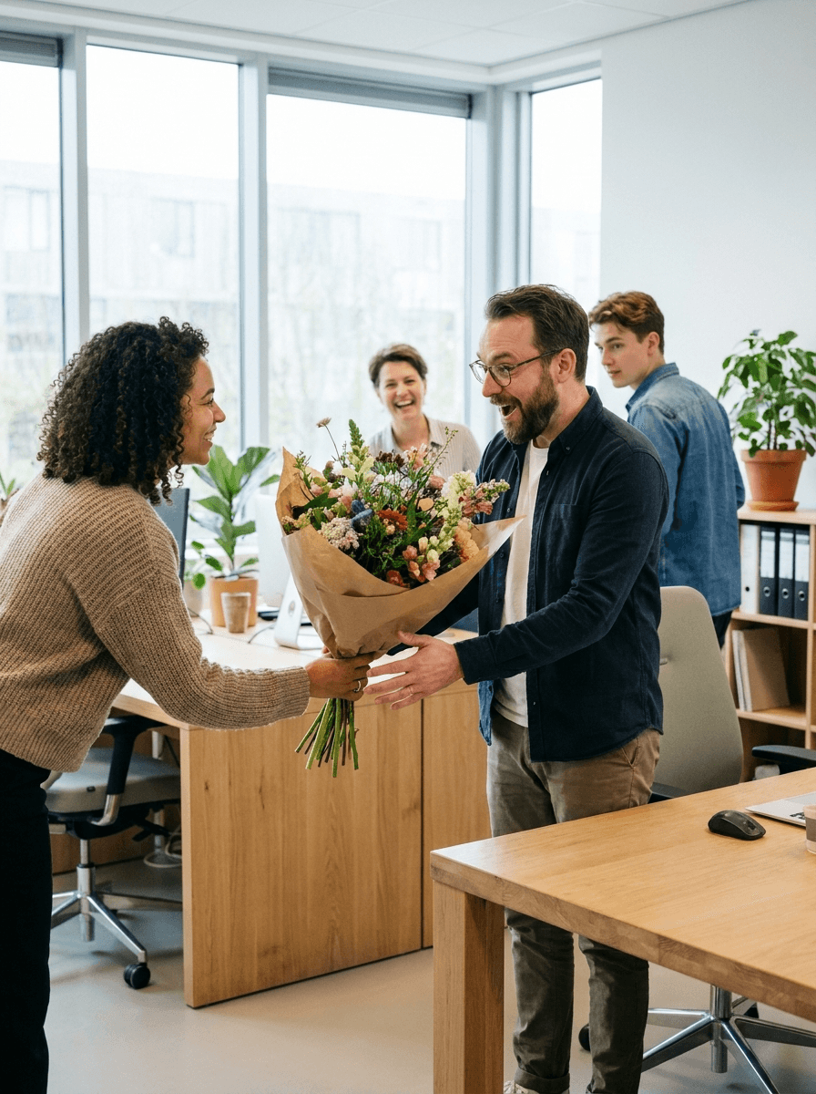 Verraste collega ontvangt kleurrijk boeket bloemen van teamgenoot op kantoor, omringd door lachende collega's