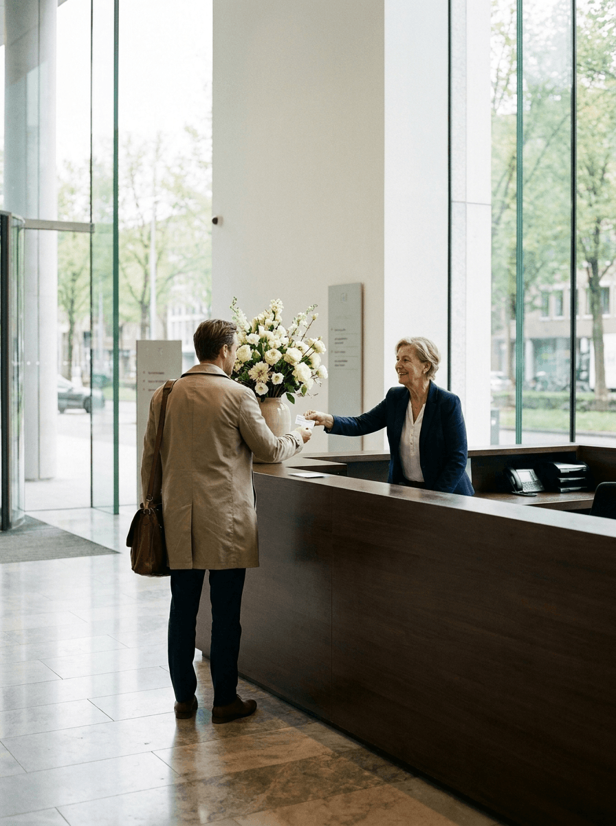 Bezoeker meldt zich bij glimlachende receptioniste aan balie in ruime kantoorlobby met witte bloemen
