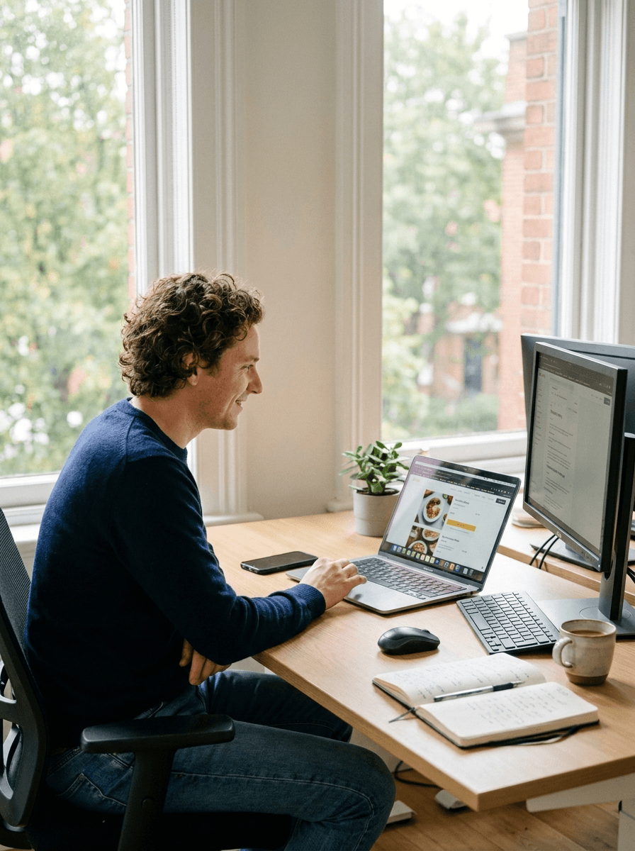 Glimlachende man bestelt maaltijden online via laptop op kantoor met beeldscherm en notitieboek