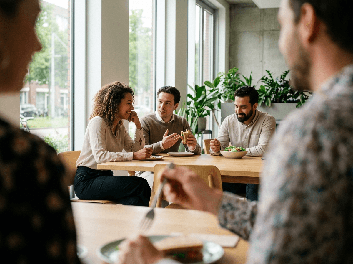 Collega's lunchen samen aan houten tafel met broodjes en salade in lichte kantine met planten