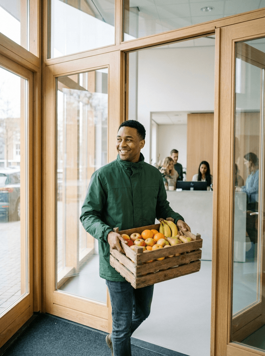 Bezorger brengt houten krat vers fruit binnen bij kantoorentree met receptie op de achtergrond
