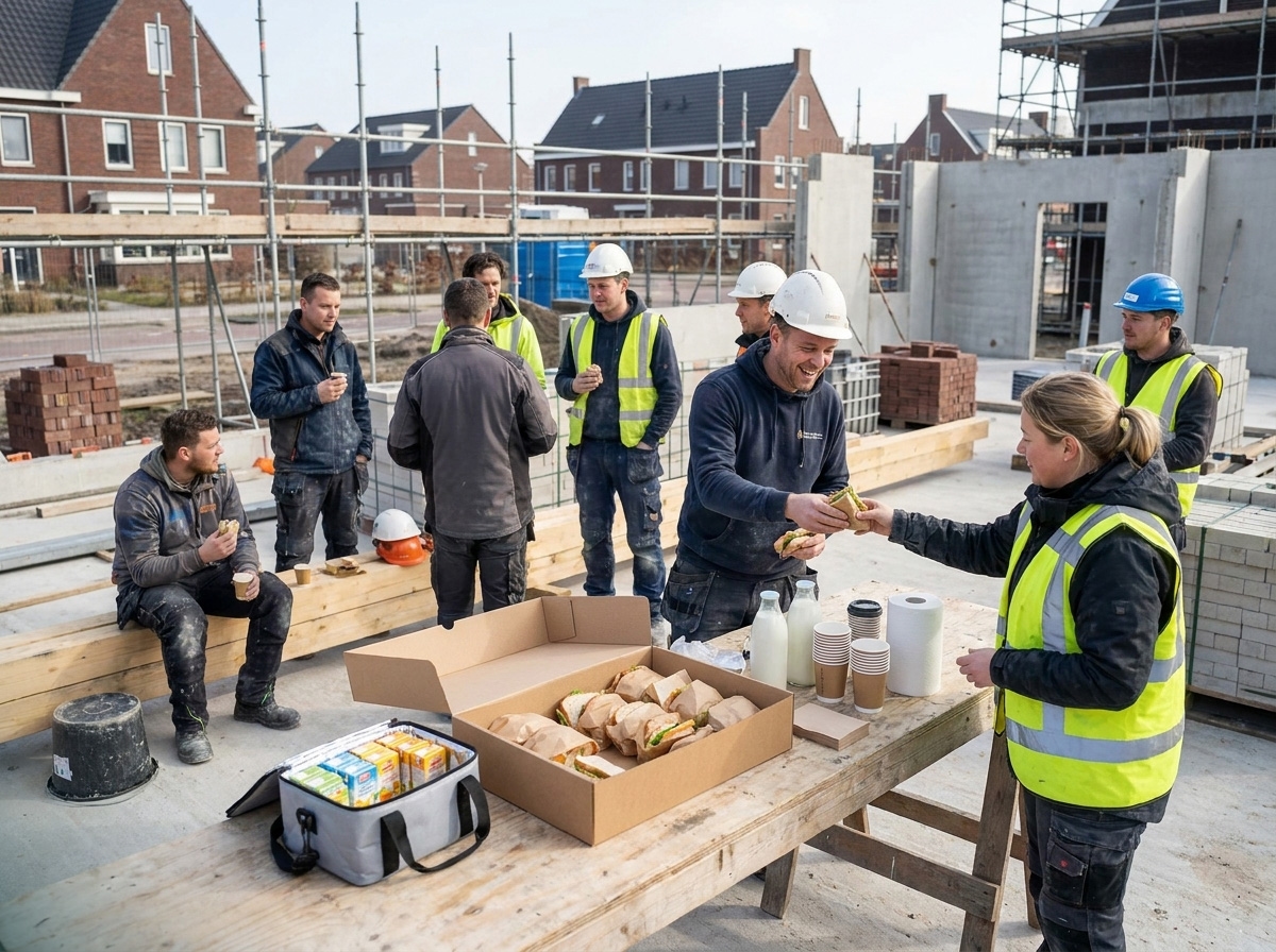 Medewerkers delen een broodjeslunch op een bouwlocatie