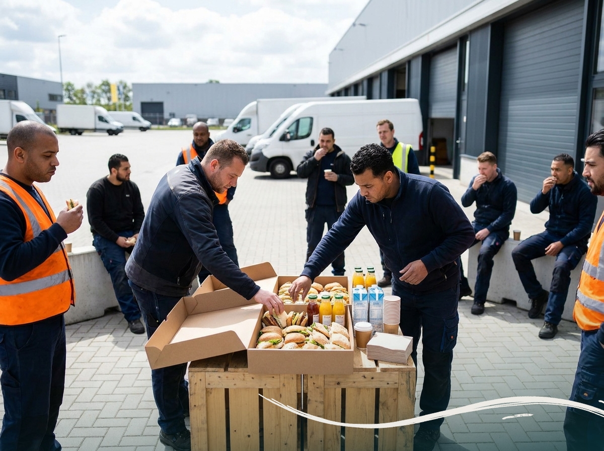 Medewerkers lunchen met bezorgde broodjes bij een magazijn