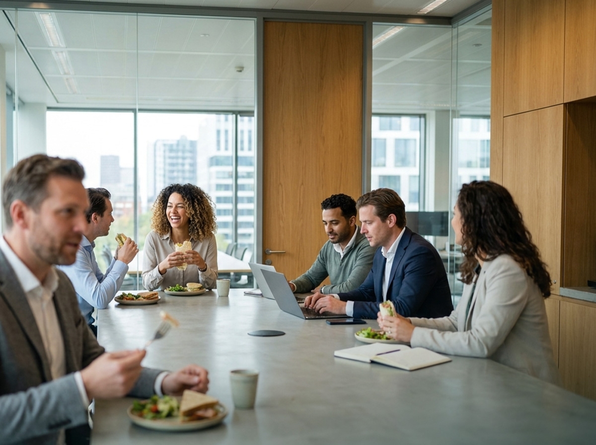 Collega’s lunchen en overleggen aan een vergadertafel